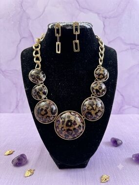 Gold-Tone Leopard Print Statement Necklace & Earring Set - Black and Gold